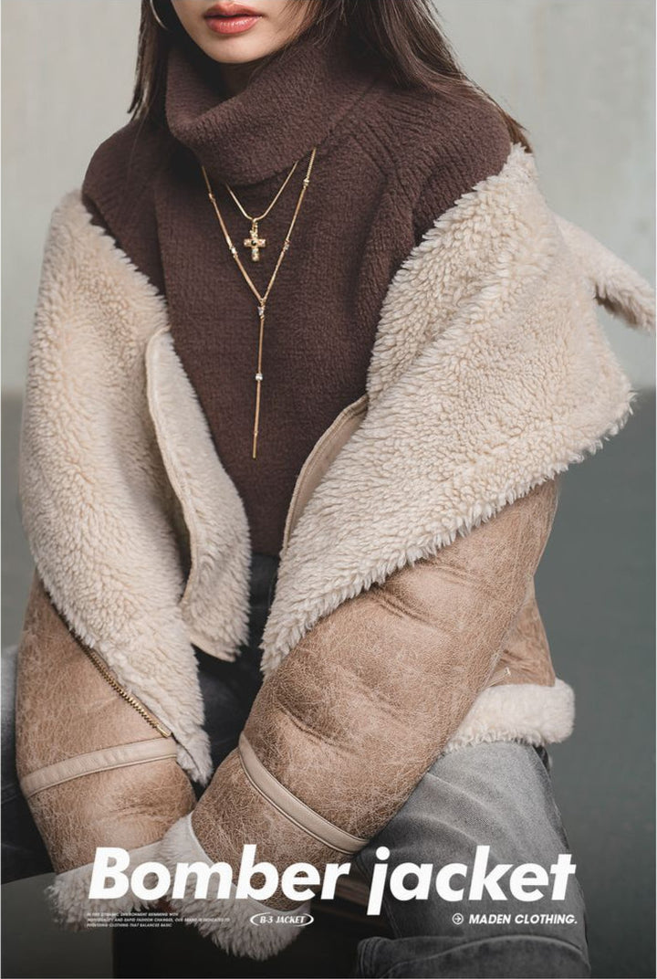 VAAGOON Bomber Imitation Lamb Fur Leather Jacket