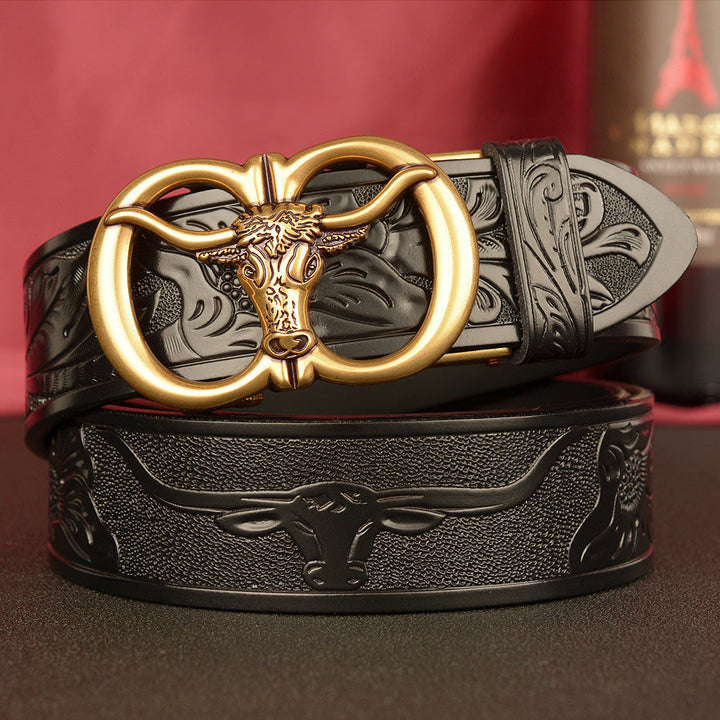 VAAGOON Black Double Ring Bull Head Buckle Leather Belt – GY034 Model
