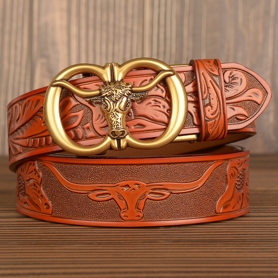 VAAGOON Black Double Ring Bull Head Buckle Leather Belt – GY034 Model