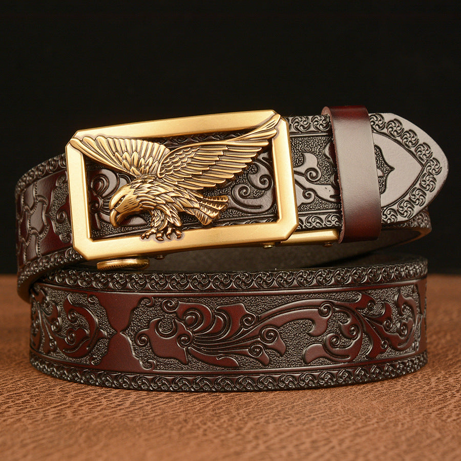VAAGOON Engraved Pattern Black Genuine Leather Belt 01 – Eagle Buckle