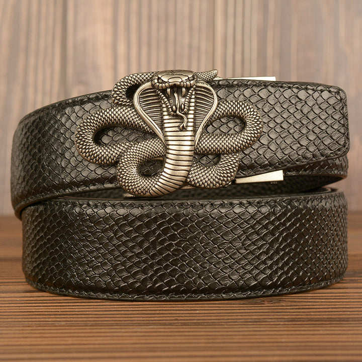 VAAGOON Black Snake Skin Pattern Genuine Leather Belt