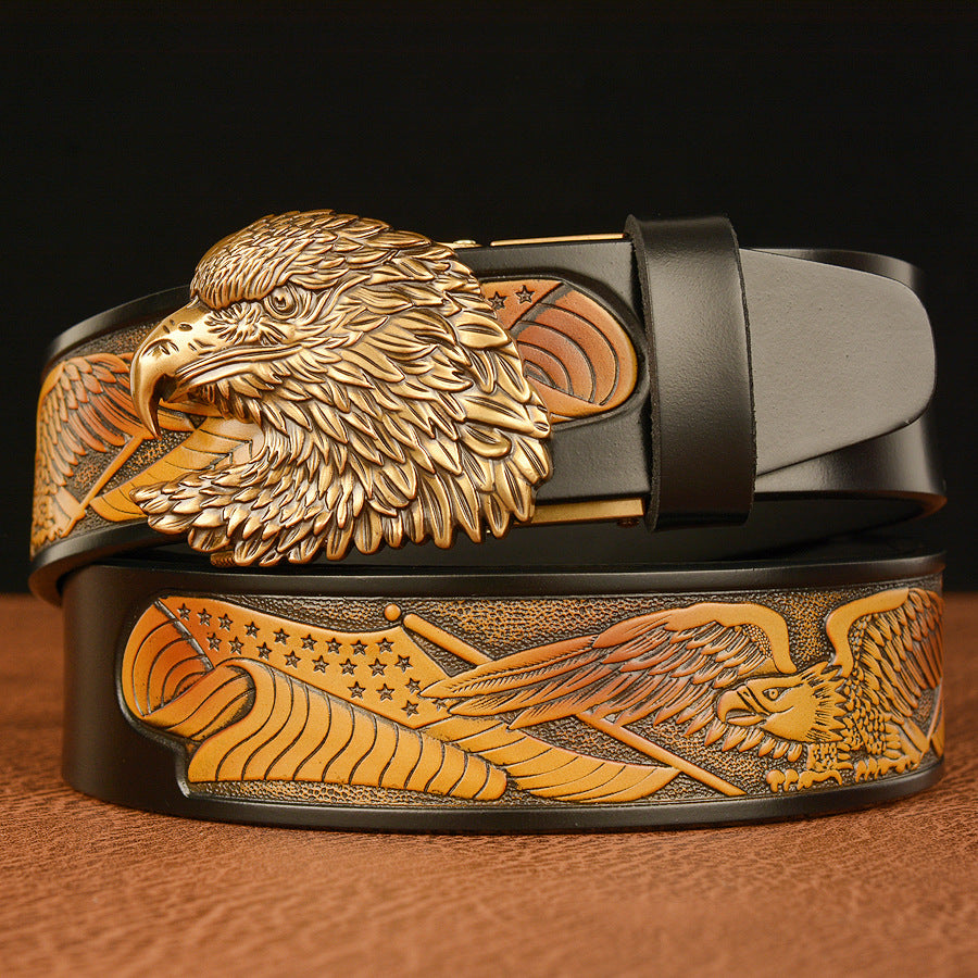 VAAGOON Black Eagle Patterned Three-Layer Leather Belt – Wide Eagle Buckle