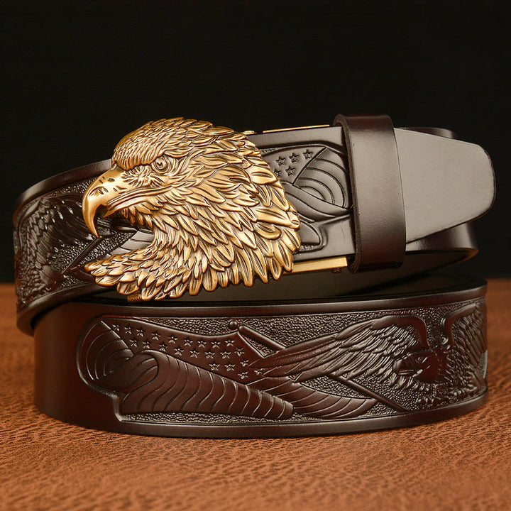 VAAGOON Black Eagle Patterned Three-Layer Leather Belt – Wide Eagle Buckle