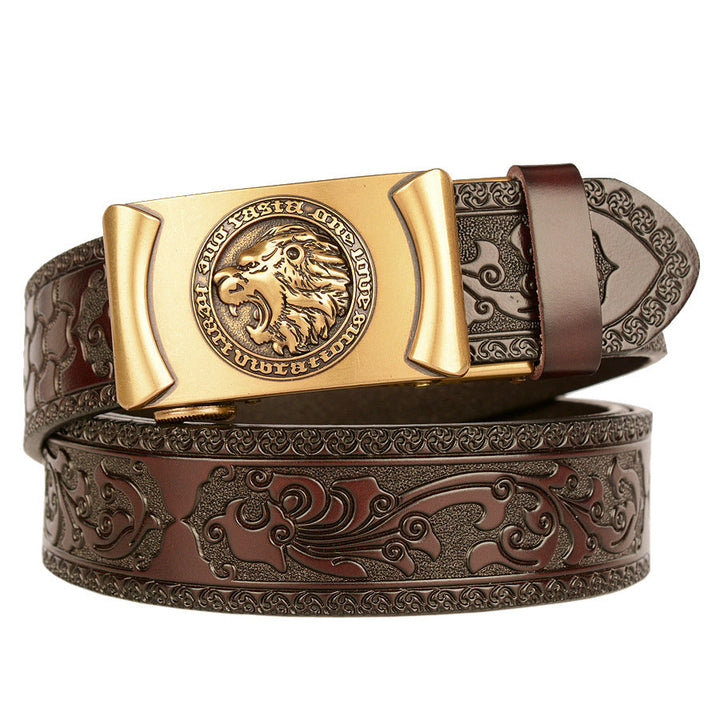 VAAGOON Engraved Black Pattern Genuine Leather Belt 04 – Lion Buckle