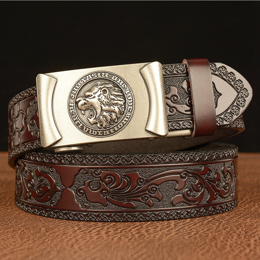 VAAGOON Engraved Black Pattern Genuine Leather Belt 04 – Lion Buckle