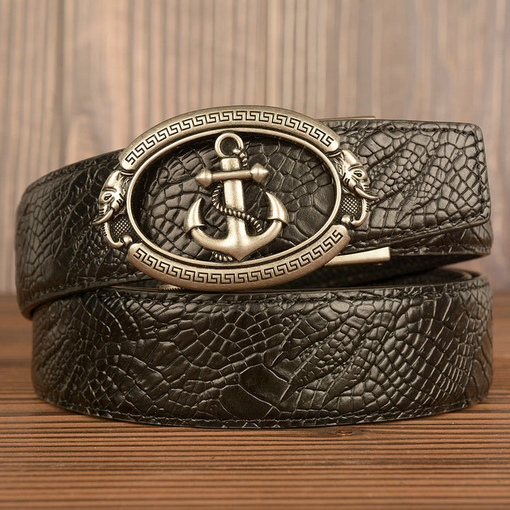 VAAGOON Black Crocodile Pattern Genuine Leather Belt – Anchor Buckle