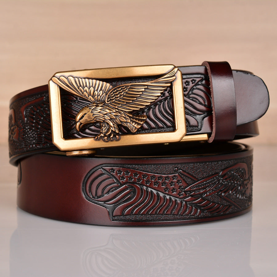 VAAGOON Engraved Black Pattern Genuine Leather Belt 02 – Eagle Buckle