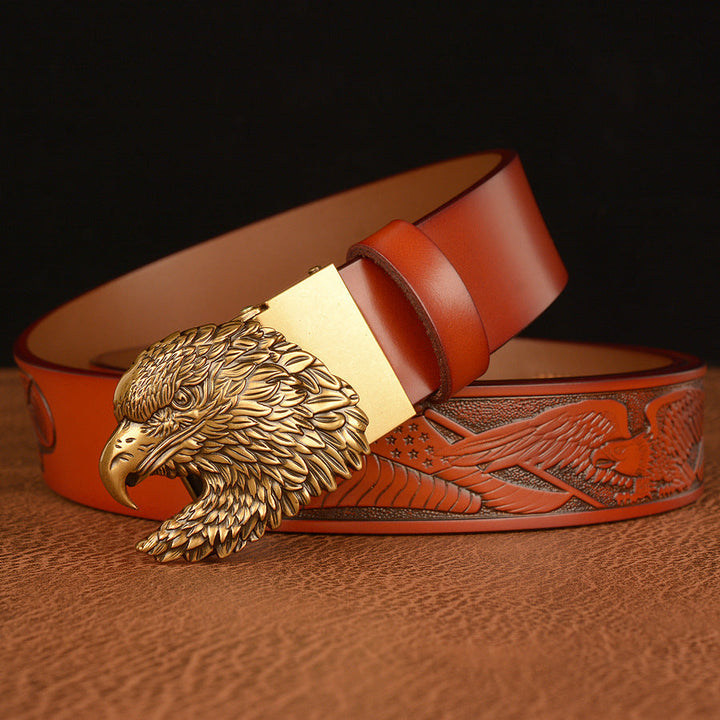 VAAGOON Black Eagle Patterned Three-Layer Leather Belt – Wide Eagle Buckle