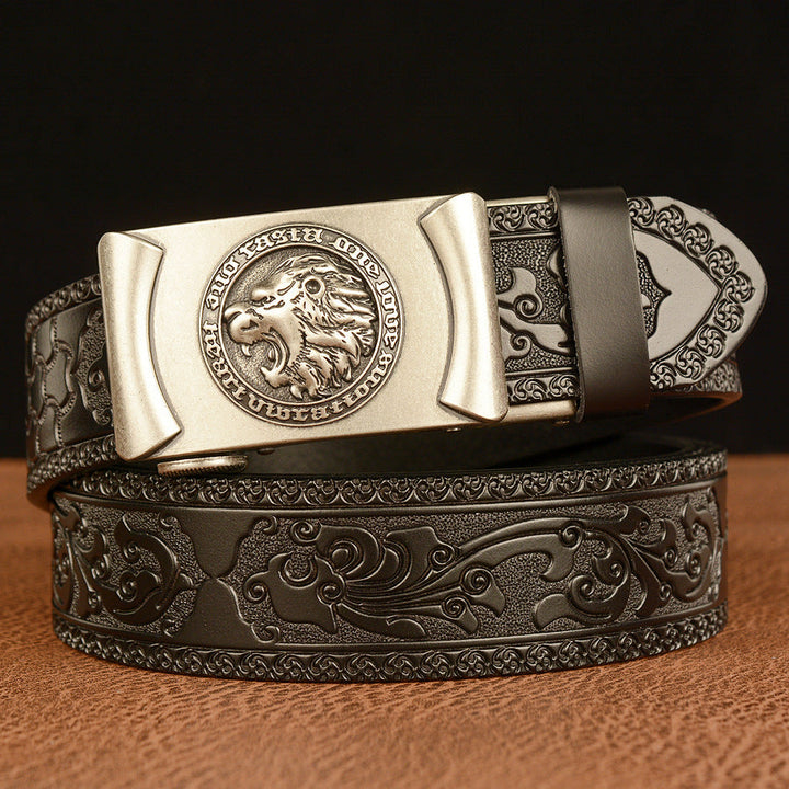 VAAGOON Engraved Black Pattern Genuine Leather Belt 04 – Lion Buckle