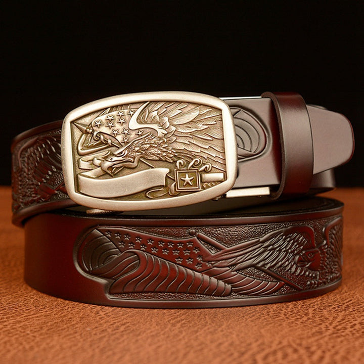 VAAGOON Engraved Black Flag Pattern Genuine Leather Belt – Eagle Buckle