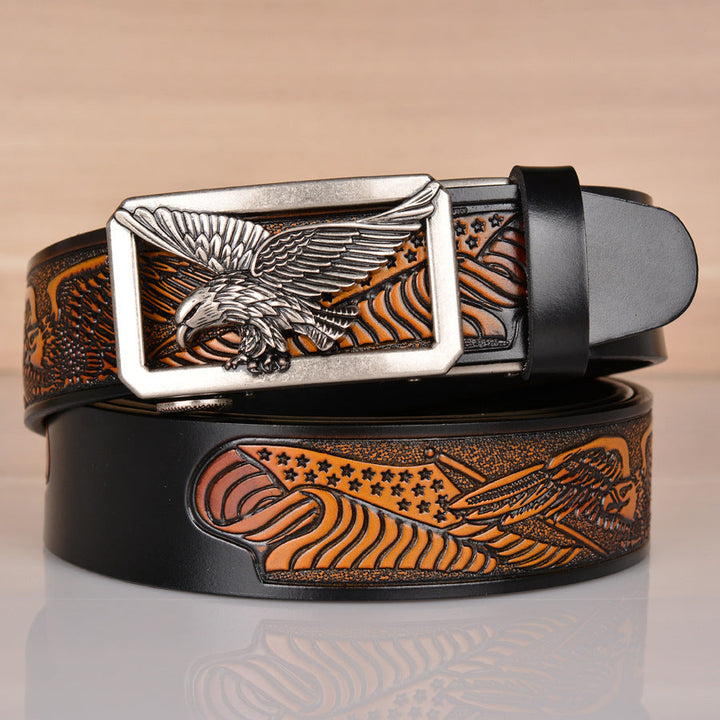 VAAGOON Engraved Black Pattern Genuine Leather Belt 02 – Eagle Buckle