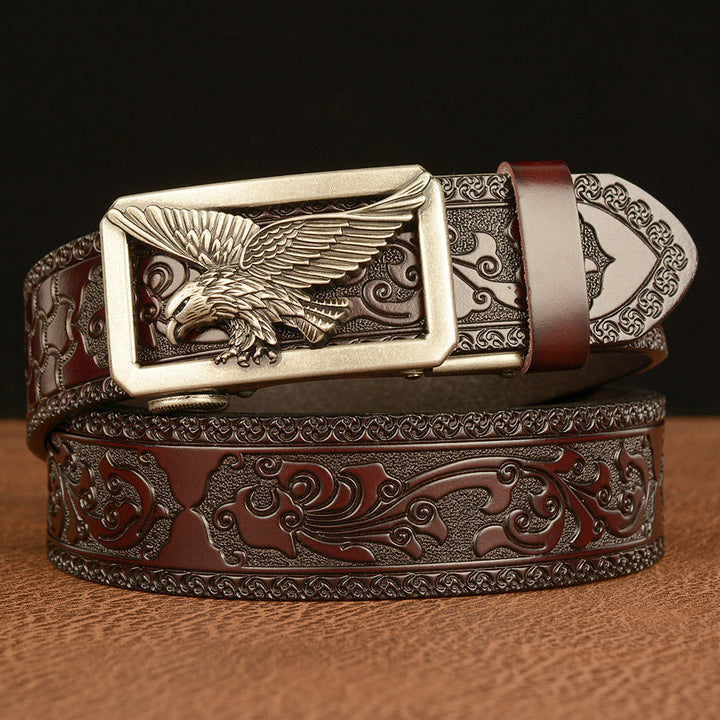 VAAGOON Engraved Pattern Black Genuine Leather Belt 01 – Eagle Buckle