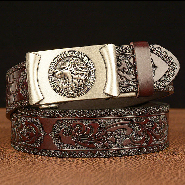 VAAGOON Engraved Black Pattern Genuine Leather Belt 04 – Lion Buckle