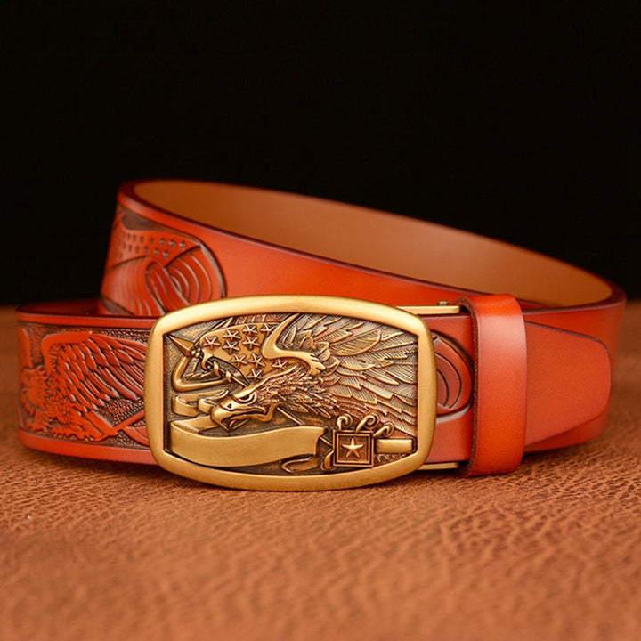 VAAGOON Engraved Black Flag Pattern Genuine Leather Belt – Eagle Buckle