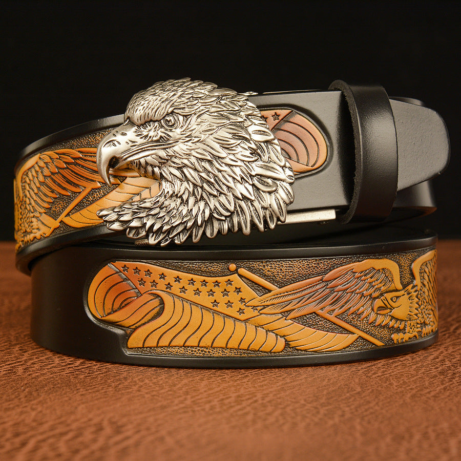 VAAGOON Black Eagle Patterned Three-Layer Leather Belt – Wide Eagle Buckle