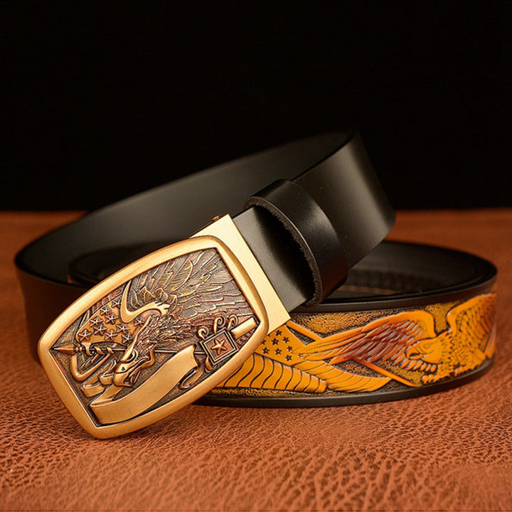 VAAGOON Engraved Black Flag Pattern Genuine Leather Belt – Eagle Buckle