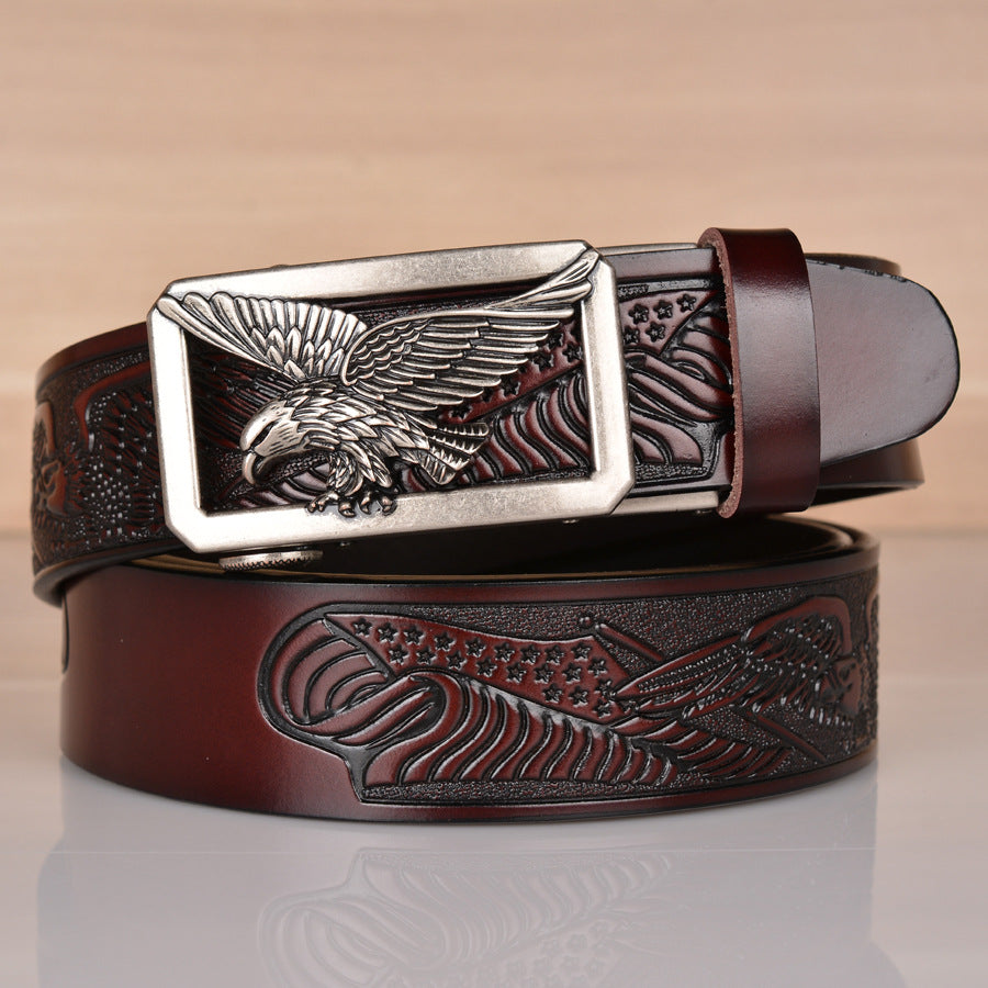 VAAGOON Engraved Black Pattern Genuine Leather Belt 02 – Eagle Buckle