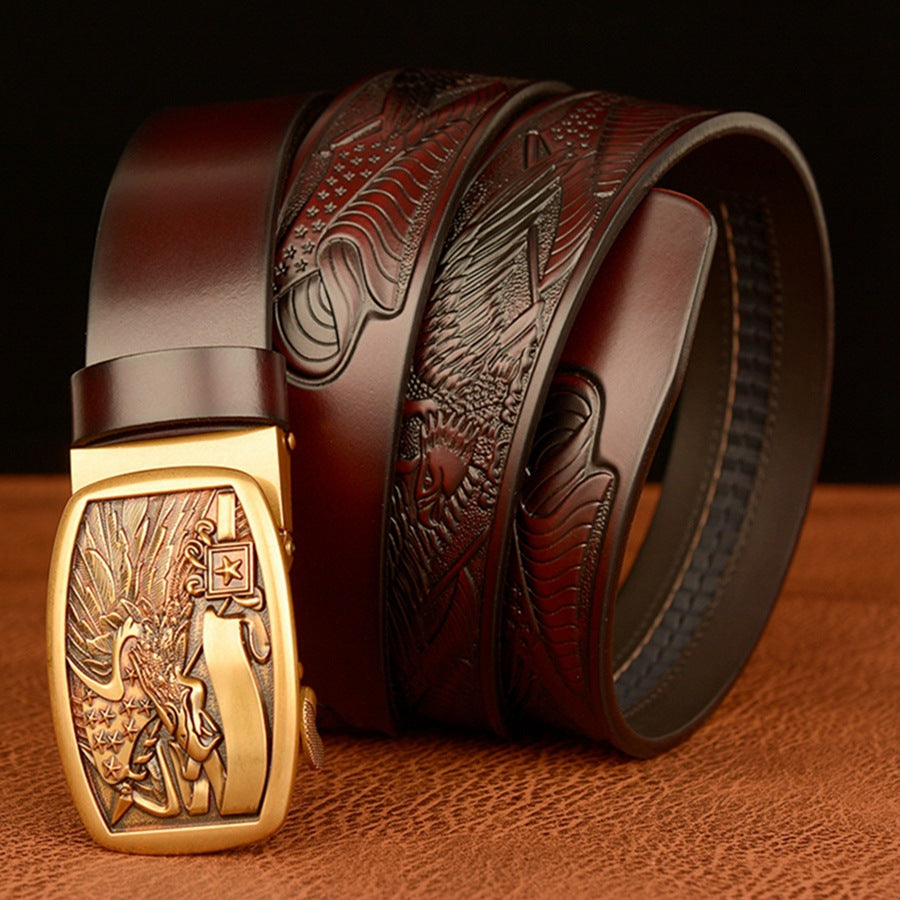 VAAGOON Engraved Black Flag Pattern Genuine Leather Belt – Eagle Buckle