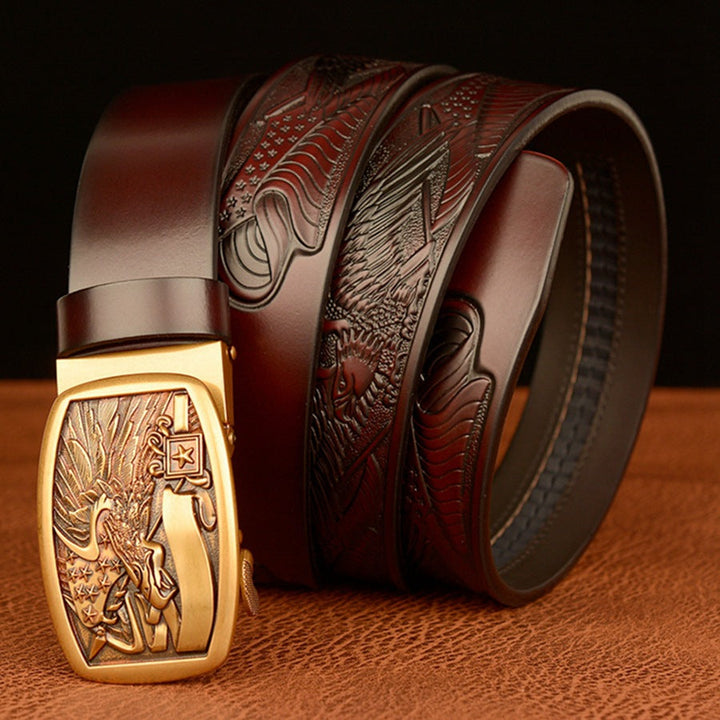 VAAGOON Engraved Black Flag Pattern Genuine Leather Belt – Eagle Buckle