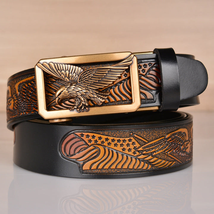 VAAGOON Engraved Black Pattern Genuine Leather Belt 02 – Eagle Buckle