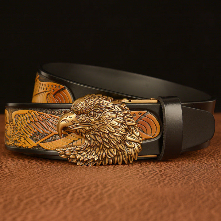 VAAGOON Black Eagle Patterned Three-Layer Leather Belt – Wide Eagle Buckle