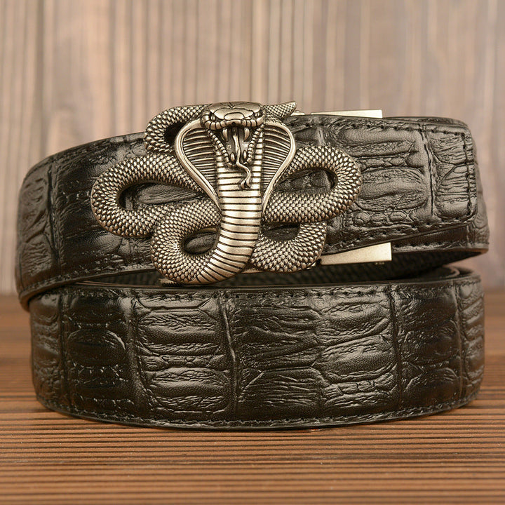 VAAGOON Black Snake Skin Pattern Genuine Leather Belt