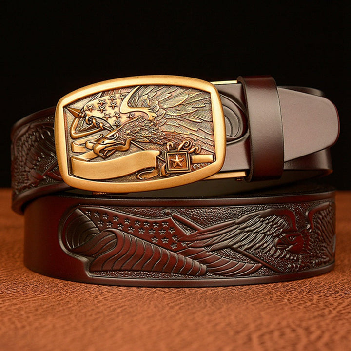 VAAGOON Engraved Black Flag Pattern Genuine Leather Belt – Eagle Buckle