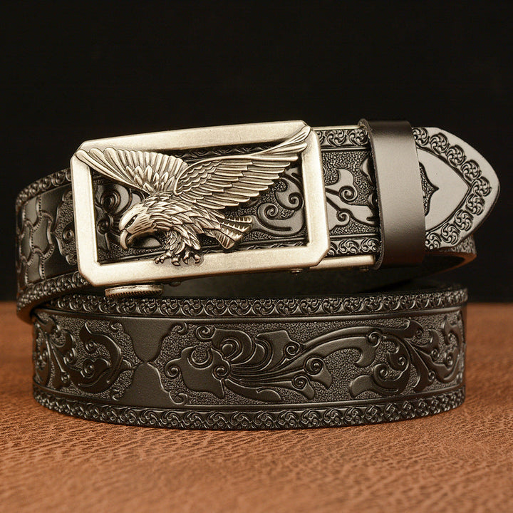 VAAGOON Engraved Pattern Black Genuine Leather Belt 01 – Eagle Buckle