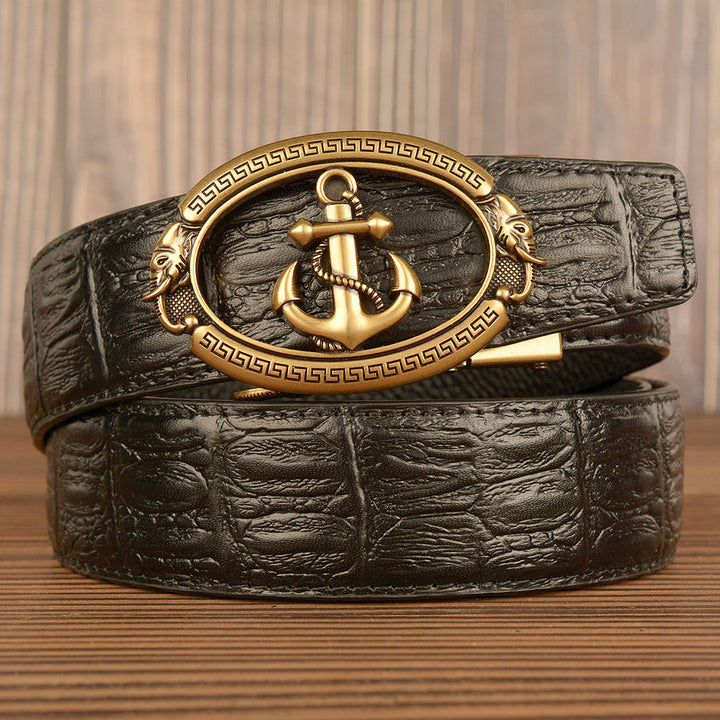 VAAGOON Black Crocodile Pattern Genuine Leather Belt – Anchor Buckle