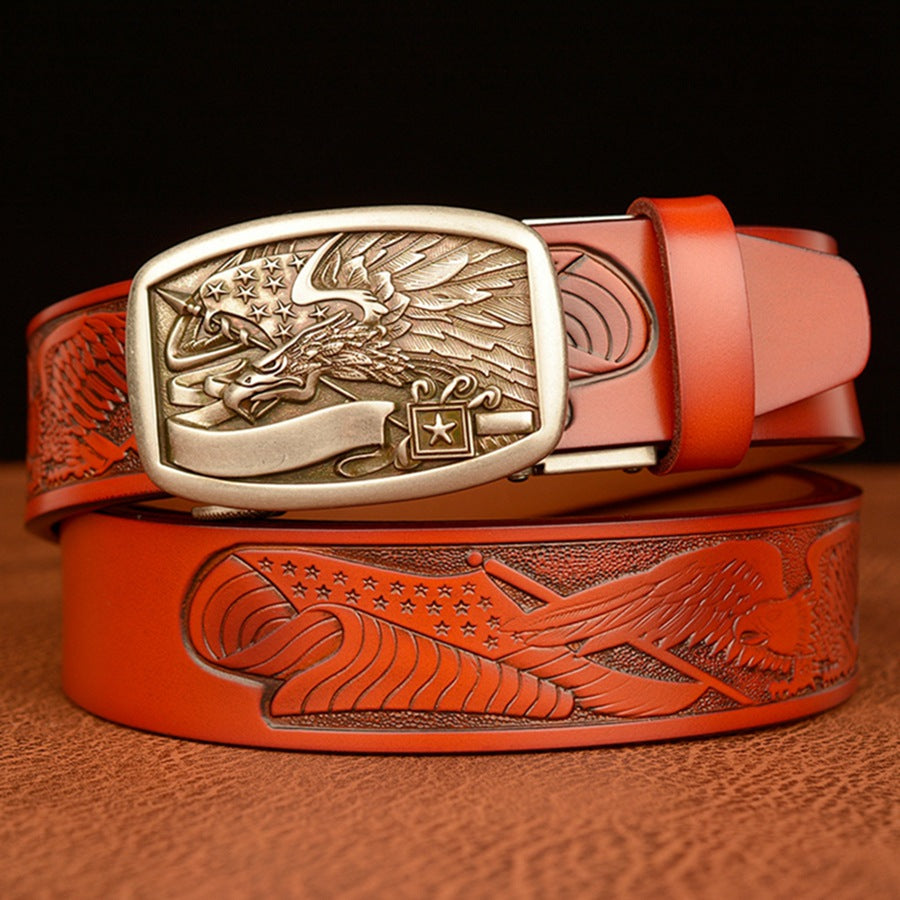 VAAGOON Engraved Black Flag Pattern Genuine Leather Belt – Eagle Buckle