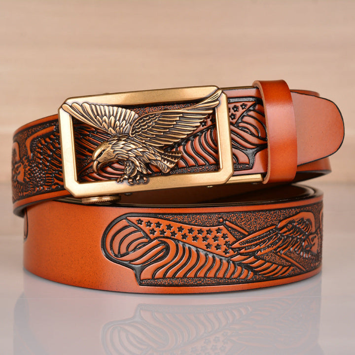 VAAGOON Engraved Black Pattern Genuine Leather Belt 02 – Eagle Buckle