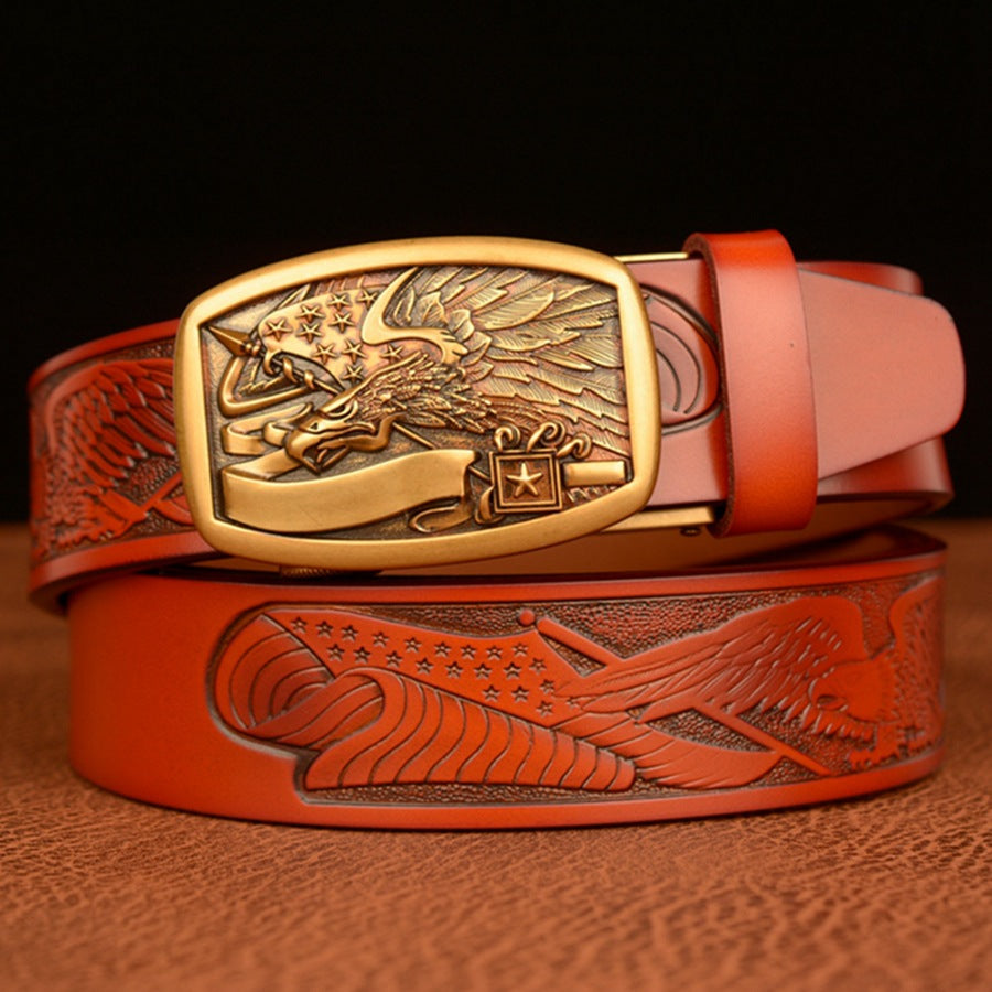 VAAGOON Engraved Black Flag Pattern Genuine Leather Belt – Eagle Buckle