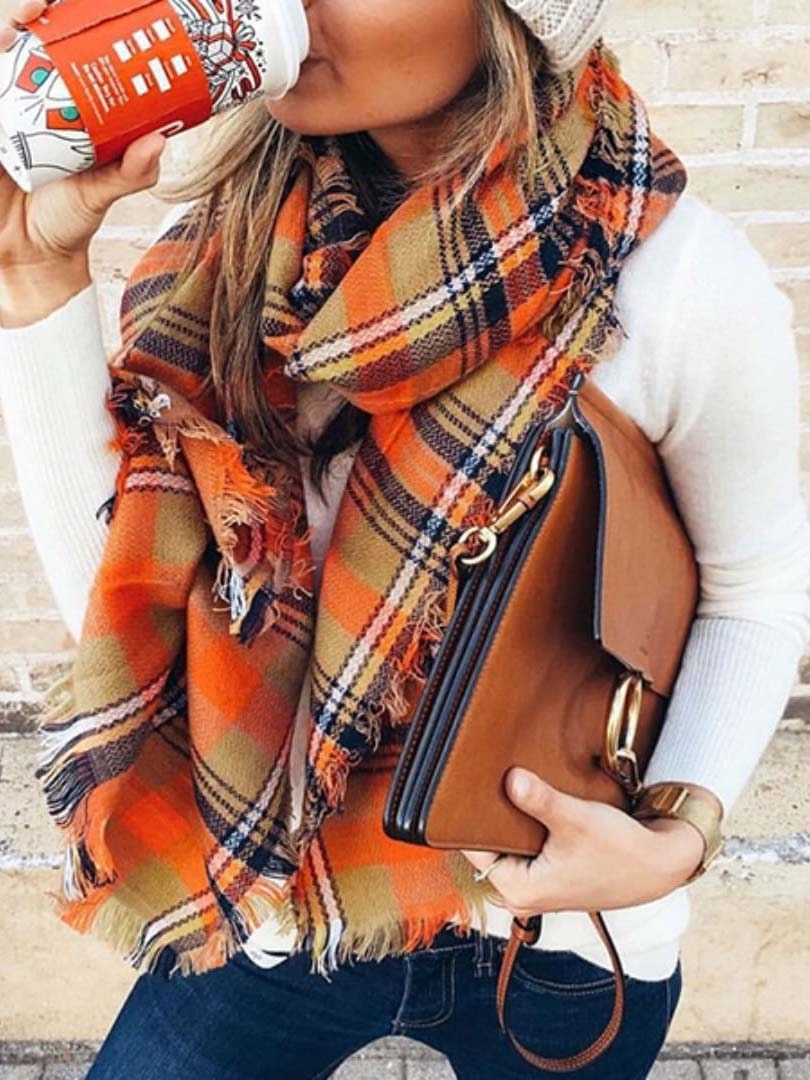 Orange Checkered Fringed Scarf