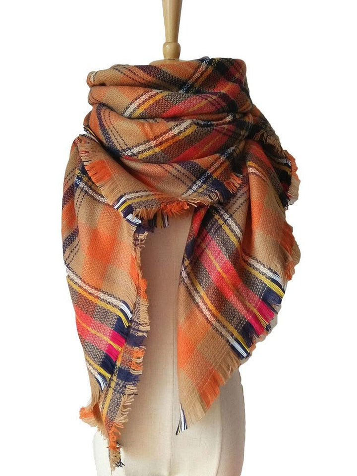 Orange Checkered Fringed Scarf