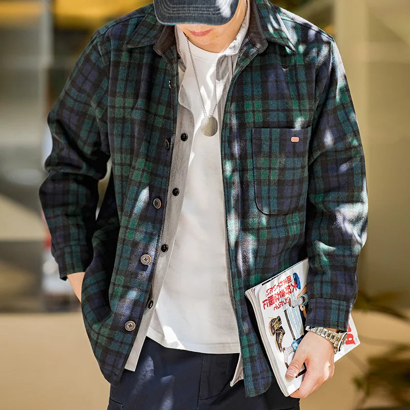 VAAGOON American Retro Blue Green Plaid Wool Shirt