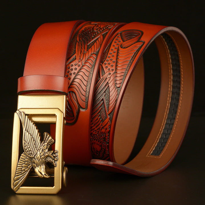 VAAGOON 4018 Black Flying Eagle Pattern Genuine Leather Belt – Wide Eagle Buckle