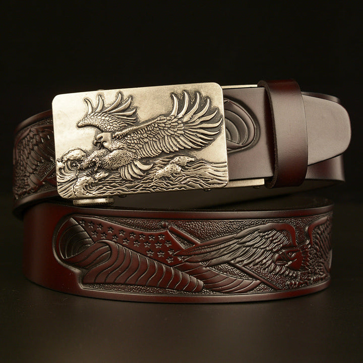 VAAGOON 4022 Black Eagle Embossed Leather Belt – Wide Eagle Buckle
