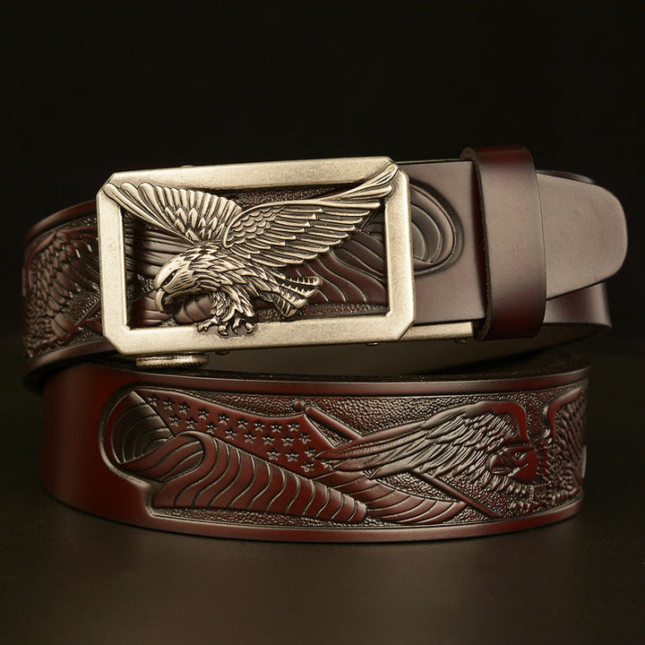 VAAGOON 4018 Black Flying Eagle Pattern Genuine Leather Belt – Wide Eagle Buckle