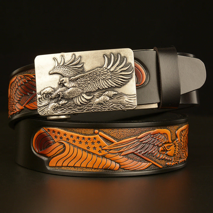 VAAGOON 4022 Black Eagle Embossed Leather Belt – Wide Eagle Buckle