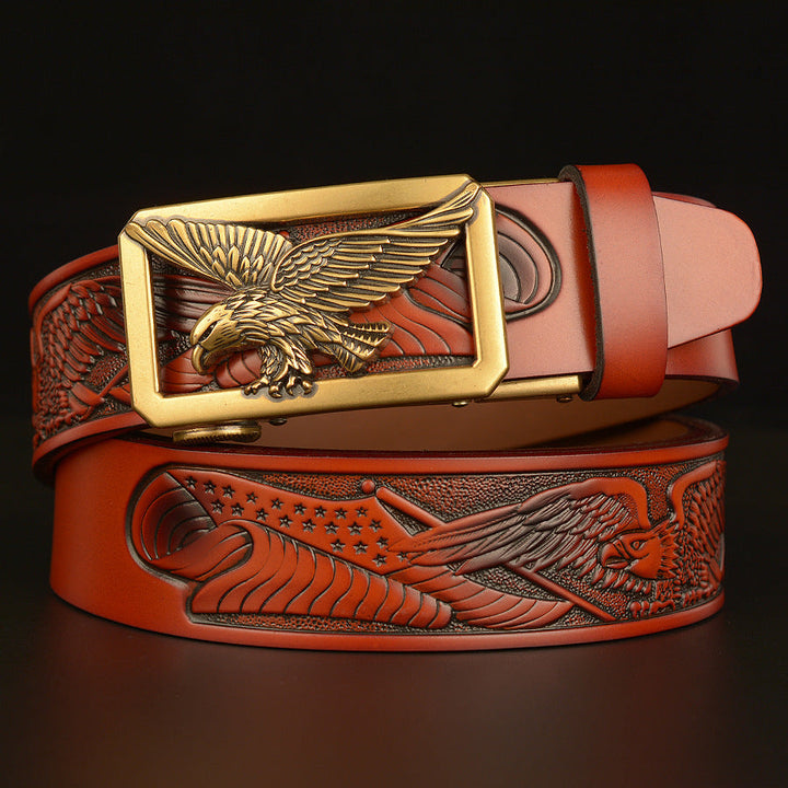 VAAGOON 4018 Black Flying Eagle Pattern Genuine Leather Belt – Wide Eagle Buckle
