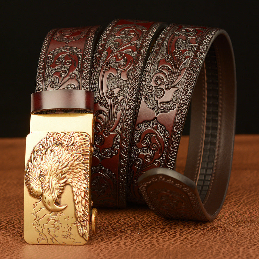 VAAGOON Engraved Black Round Pattern Genuine Leather Belt 03 – Eagle Buckle