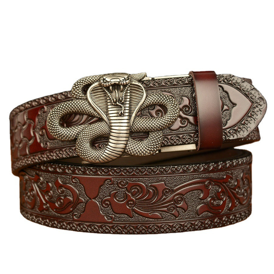 VAAGOON Engraved Black Cobra Pattern Genuine Leather Belt – Snake Buckle