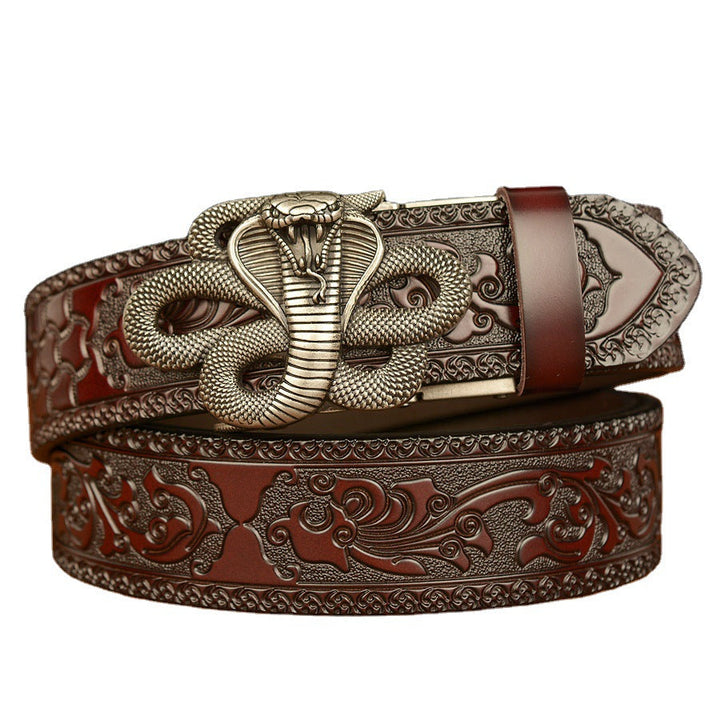 VAAGOON Engraved Black Cobra Pattern Genuine Leather Belt – Snake Buckle