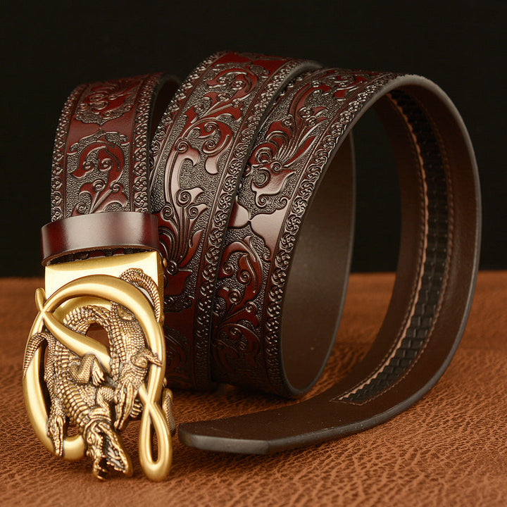 VAAGOON Engraved Black Double Crocodile Pattern Genuine Leather Belt – Crocodile Buckle