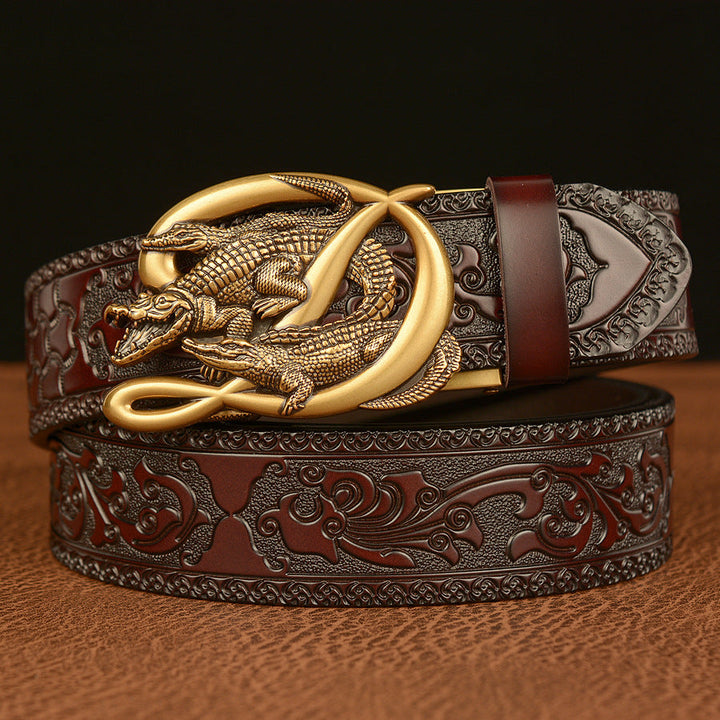 VAAGOON Engraved Black Double Crocodile Pattern Genuine Leather Belt – Crocodile Buckle