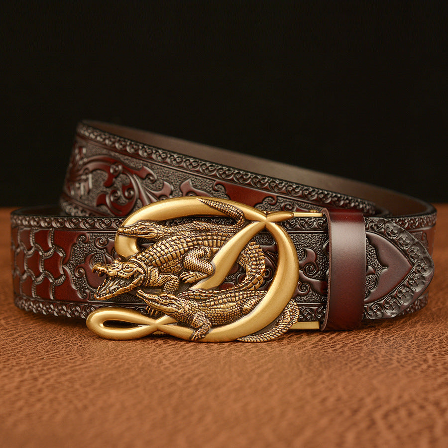 VAAGOON Engraved Black Double Crocodile Pattern Genuine Leather Belt – Crocodile Buckle