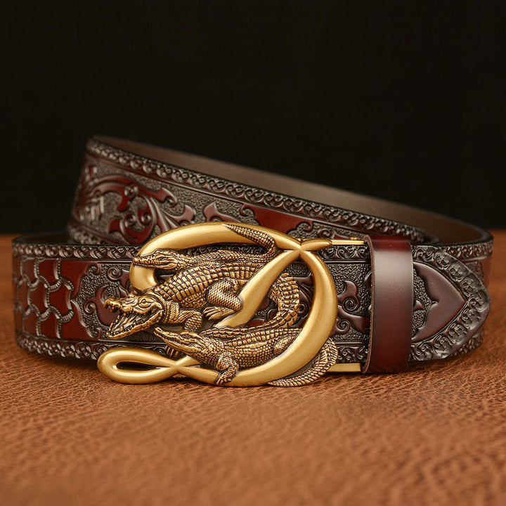 VAAGOON Engraved Black Double Crocodile Pattern Genuine Leather Belt – Crocodile Buckle