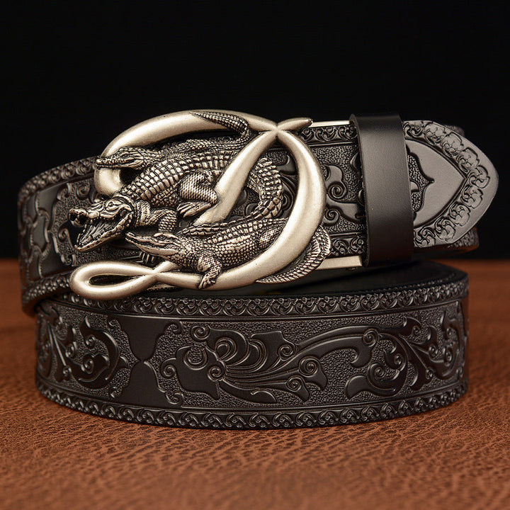 VAAGOON Engraved Black Double Crocodile Pattern Genuine Leather Belt – Crocodile Buckle