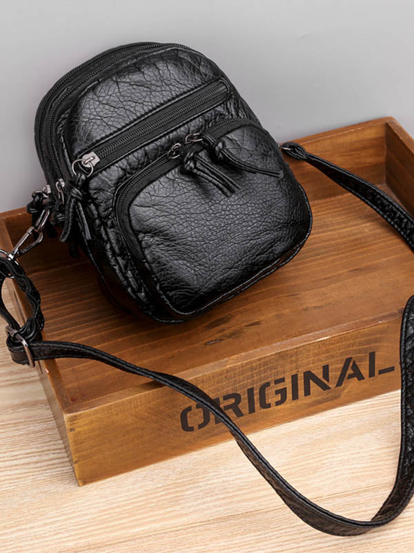 Vintage Distressed Washed Multi-Layer Leather Crossbody Bag