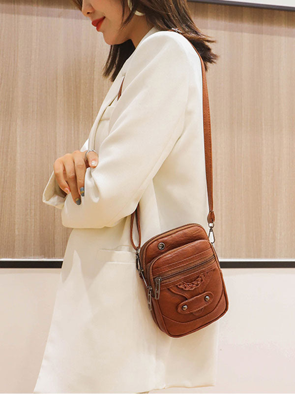 Vintage Distressed Studded Washed Leather Crossbody Bag